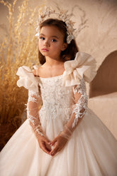 Pentelei Couture Aveline Girls Dress – Beaded Puff Sleeve Communion Gown